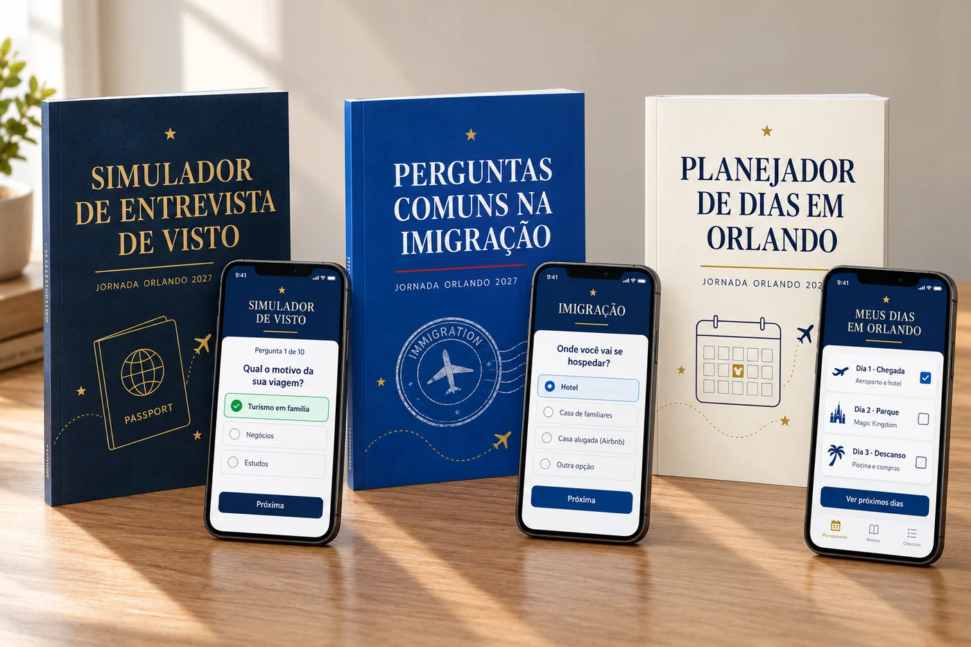 Três livrinhos acompanhados de celulares com prévias dos testes de visto, imigração e planejador
